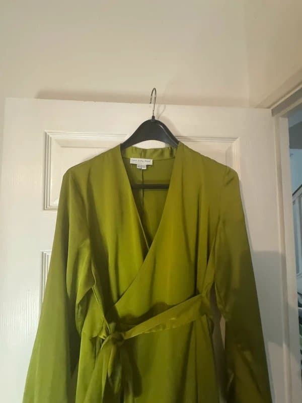 Never Fully Dressed Never Fully Dressed Olive Green Satin Wrap Dress, Size 14 (Excellent Condition)