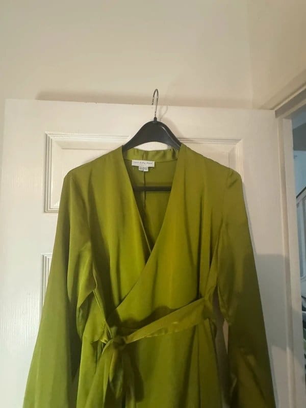 Never Fully Dressed Olive Green Satin Wrap Dress, Size 14