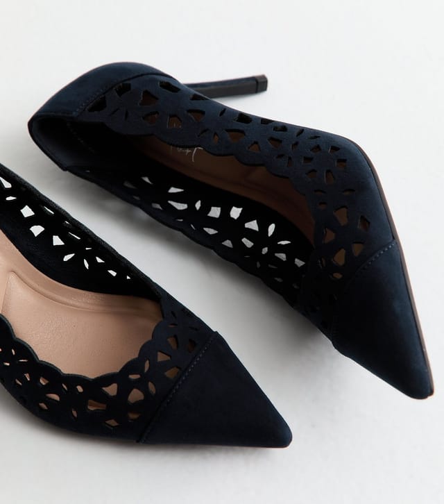 New Look Women's Navy Faux Suede Laser Cut Court Shoes Vegan New Look - 3