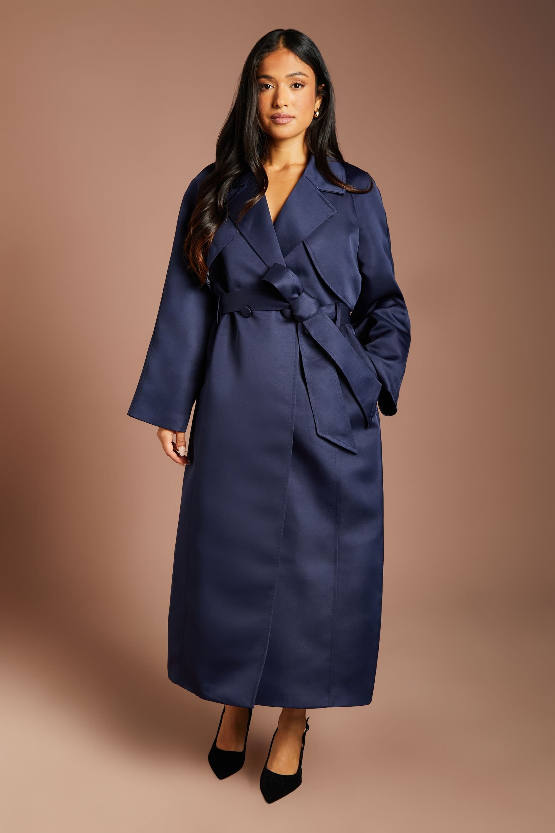 Coast Coast Women's Petite Navy Satin Occasion Belted Trench Coat