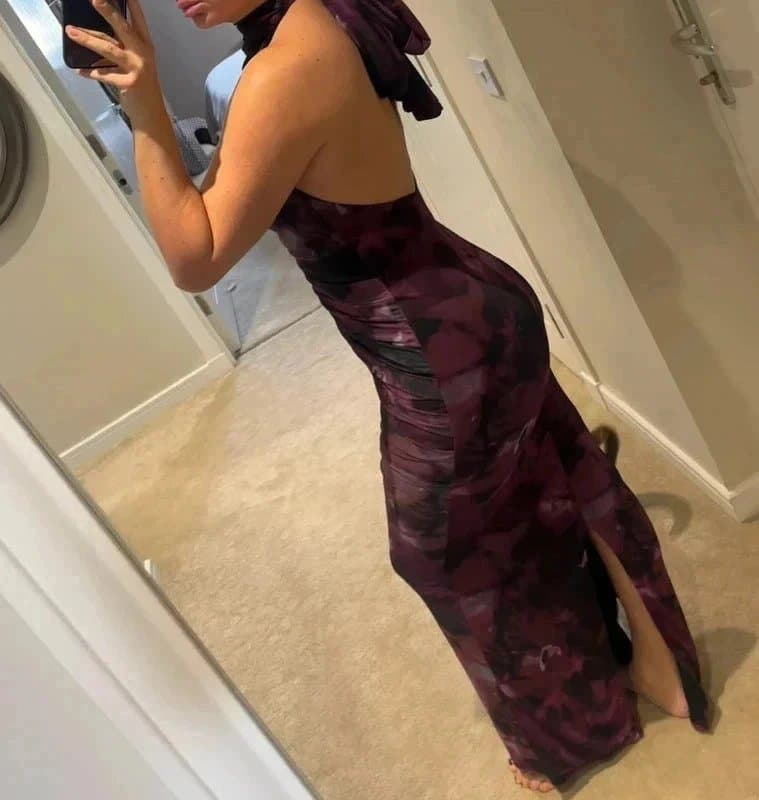 ASOS Design ASOS Design twist bust detail halter maxi dress with tie back neck in large purple floral print