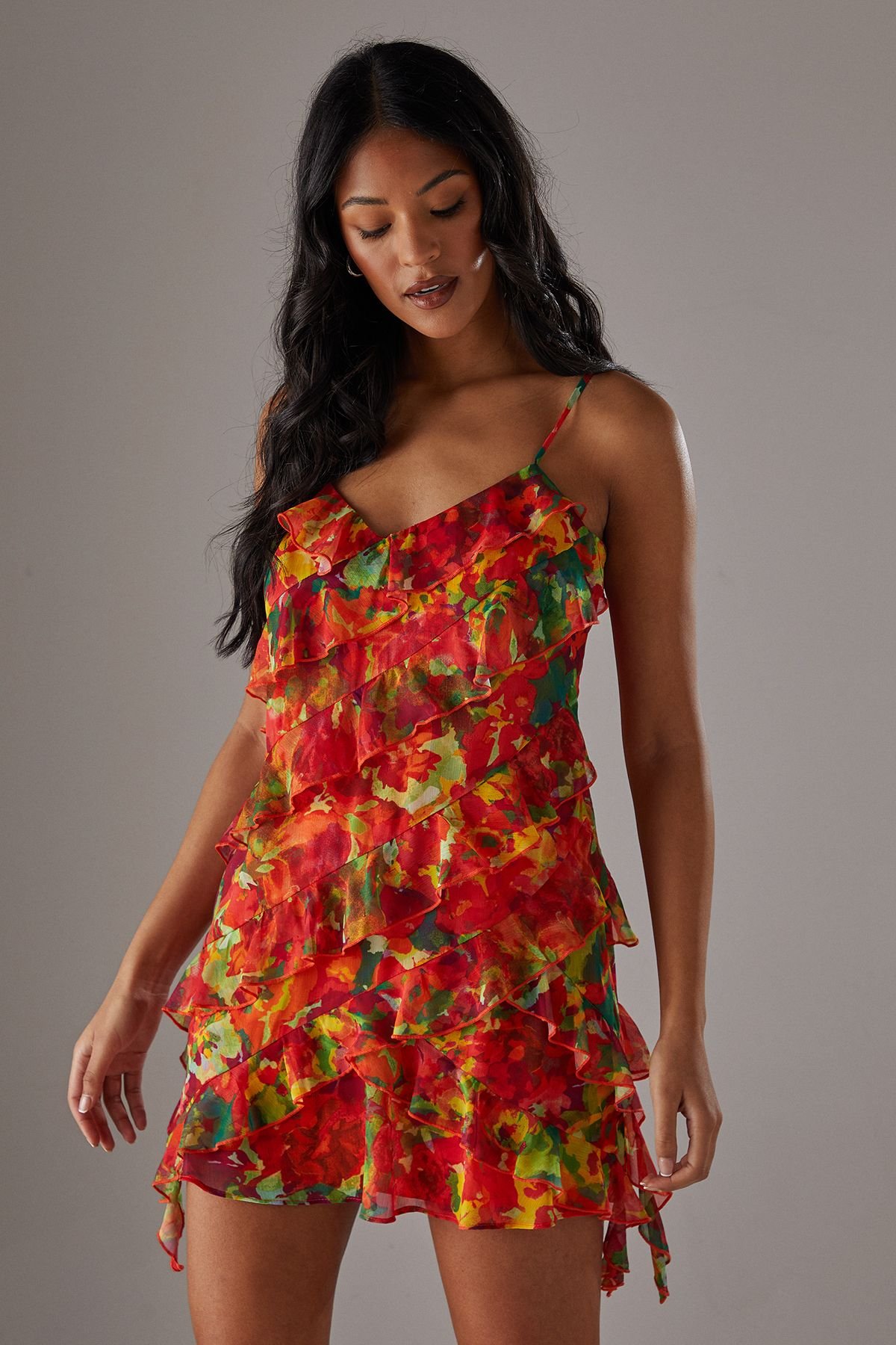 Warehouse Warehouse Women's Chiffon Ruffle Strappy Mini Dress in Floral - 2