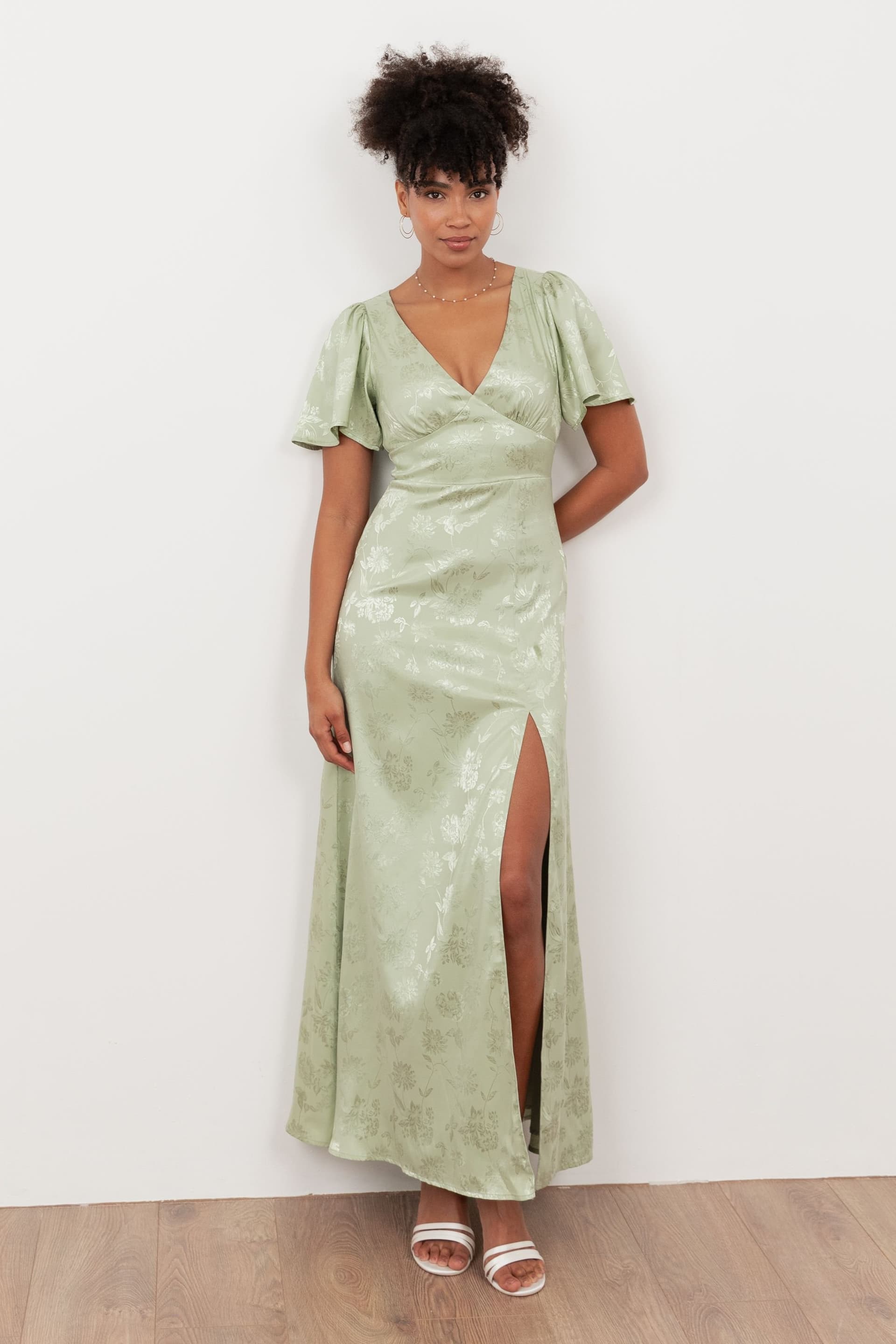 Maya Deluxe Maya Deluxe Women's Floral Jacquard Satin Maxi Dress in Light Green