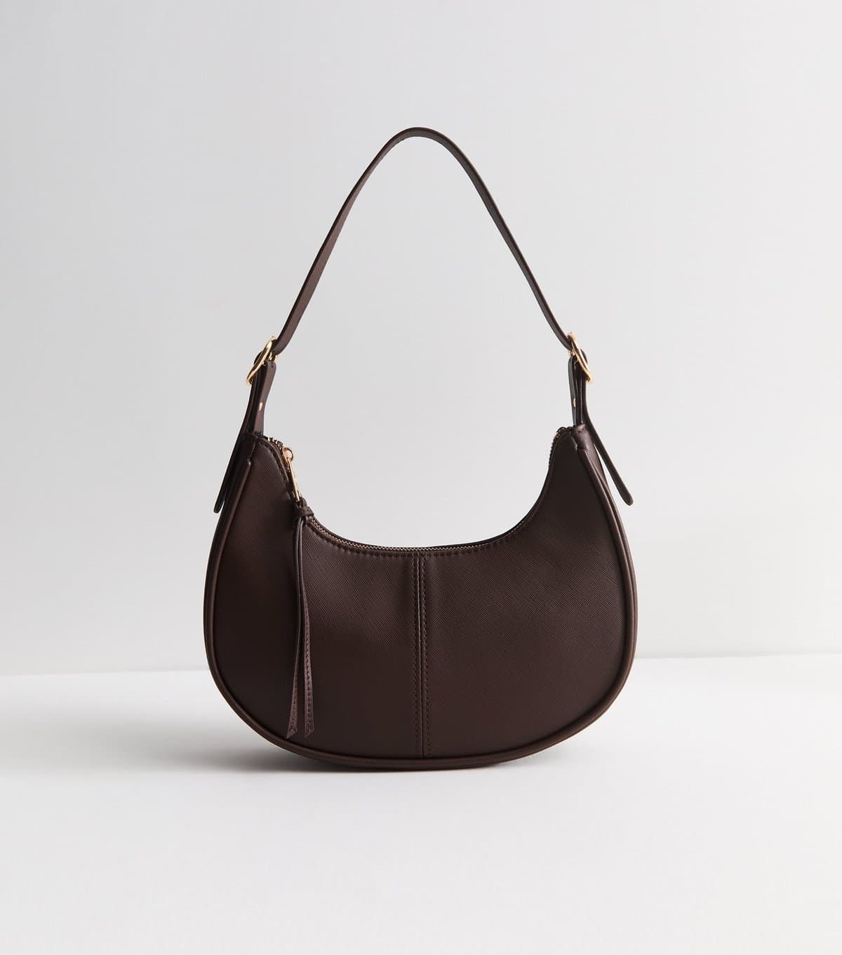 New Look Dark Brown Grained Faux Leather Oval Buckle Shoulder Bag New Look