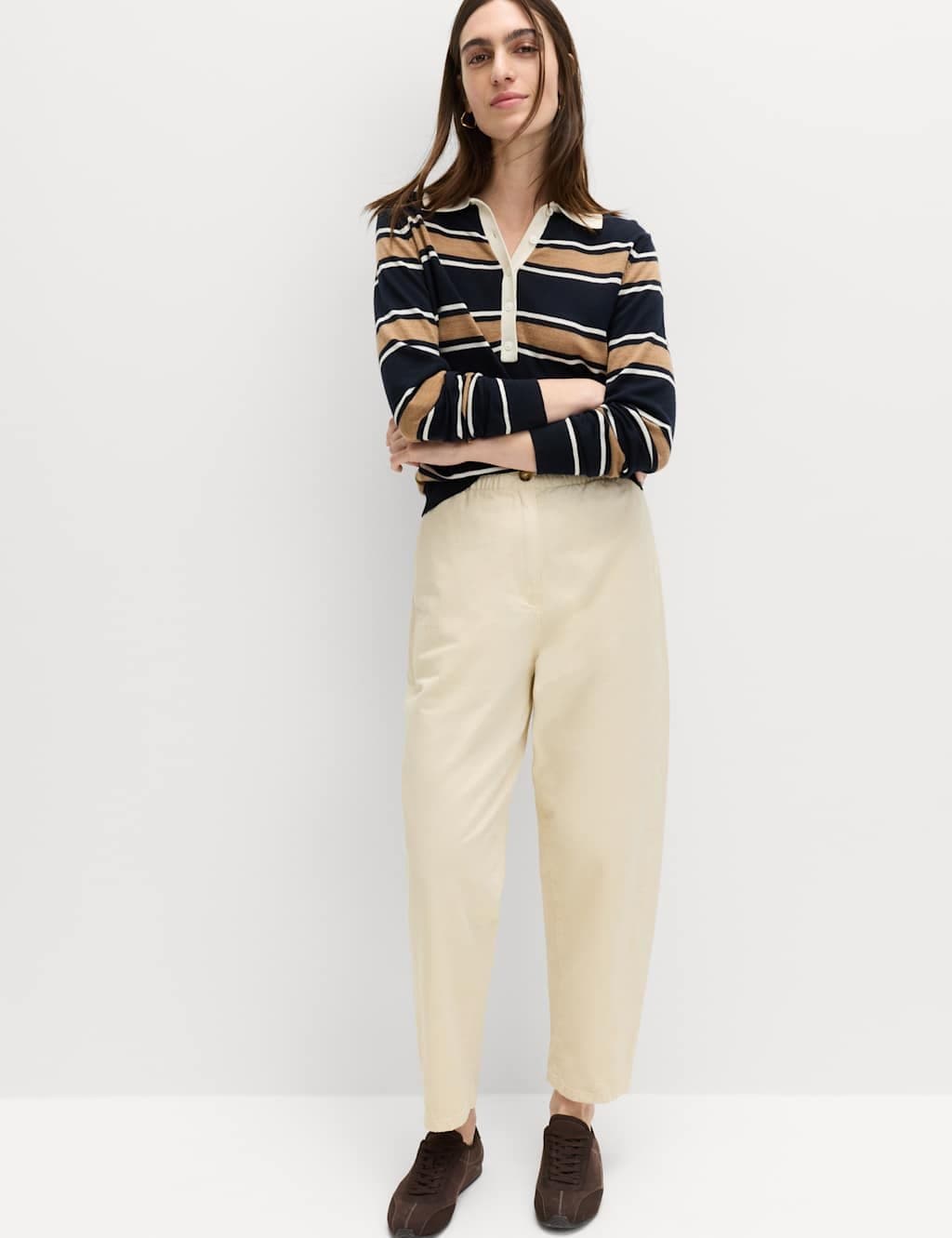 Marks & Spencer M&S Pure Cotton Elasticated Waist Carrot Leg Trousers Ecru
