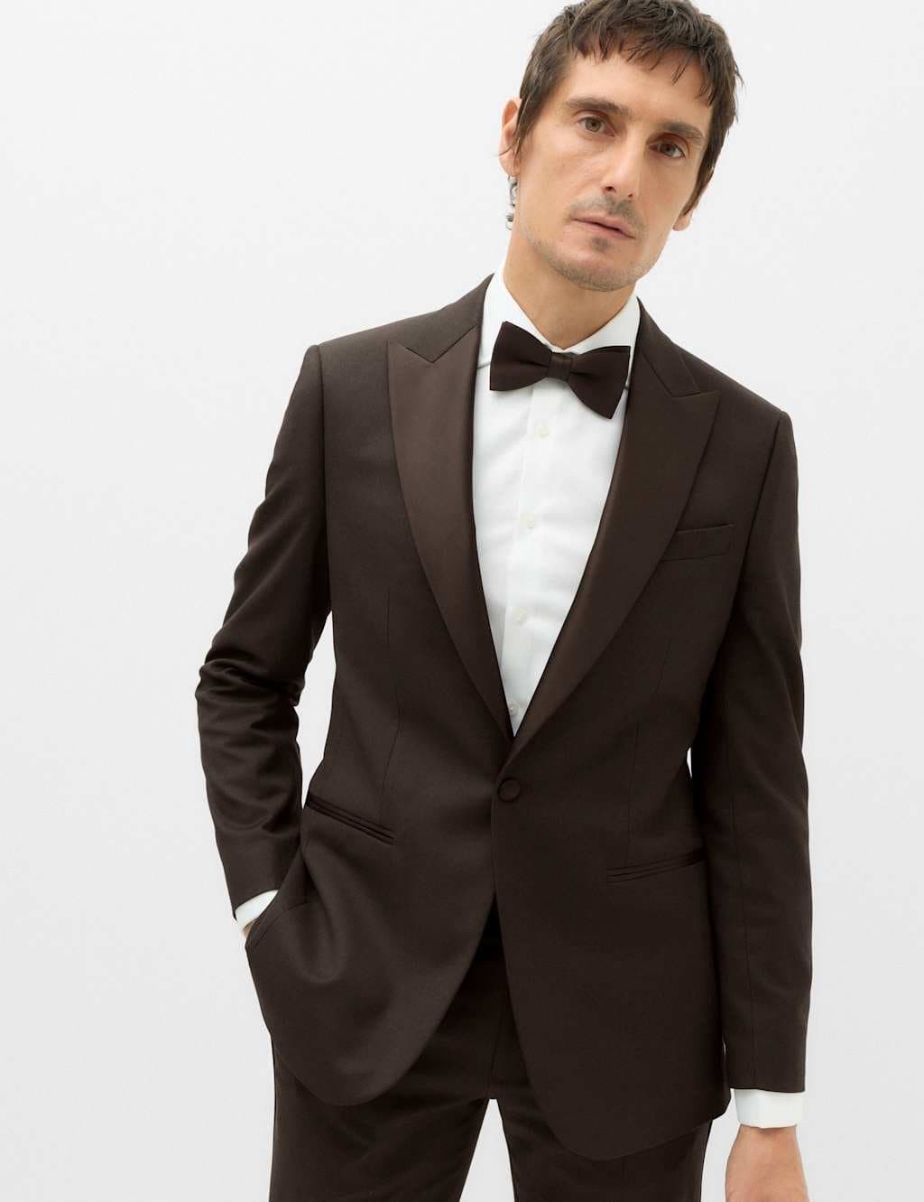 Marks & Spencer M&S Tailored Fit Stretch Tux Jacket Brown