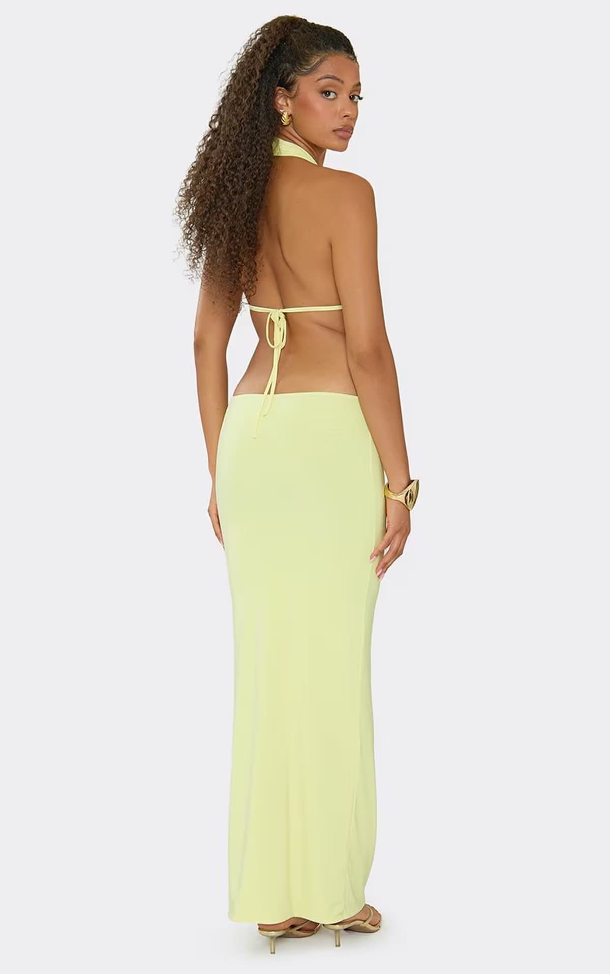 EGO Plunge Halterneck Knot Front Cut Out Maxi Dress In Lemon, Women's Size UK 6