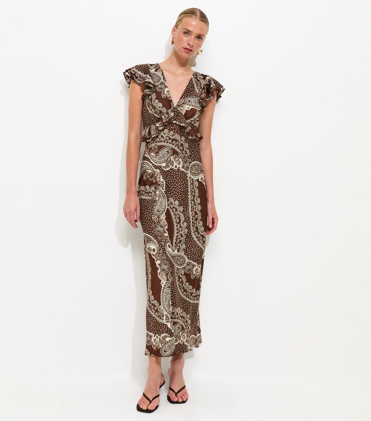 New Look Women's Brown Satin Paisley Ruffled Trim Midi Dress New Look