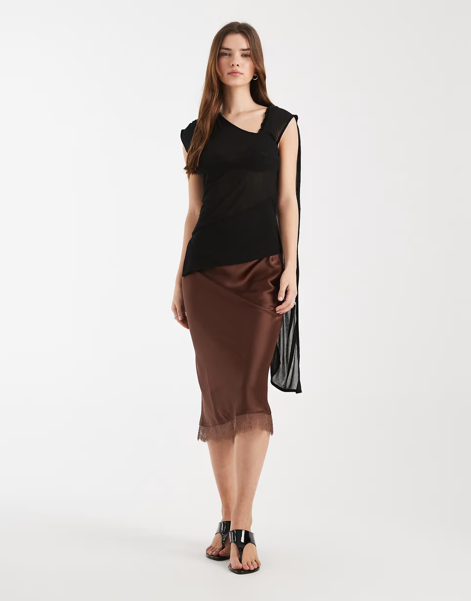 ASOS New Look mid length lace trim satin skirt in brown