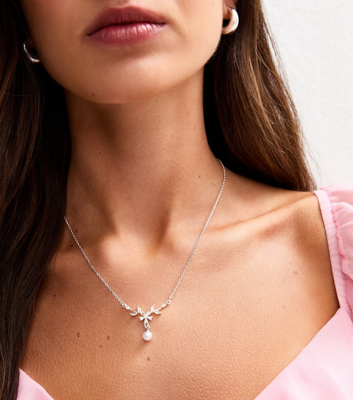 New Look Silver Tone Cubic Zirconia Leaf Centre Faux Pearl Drop Necklace New Look