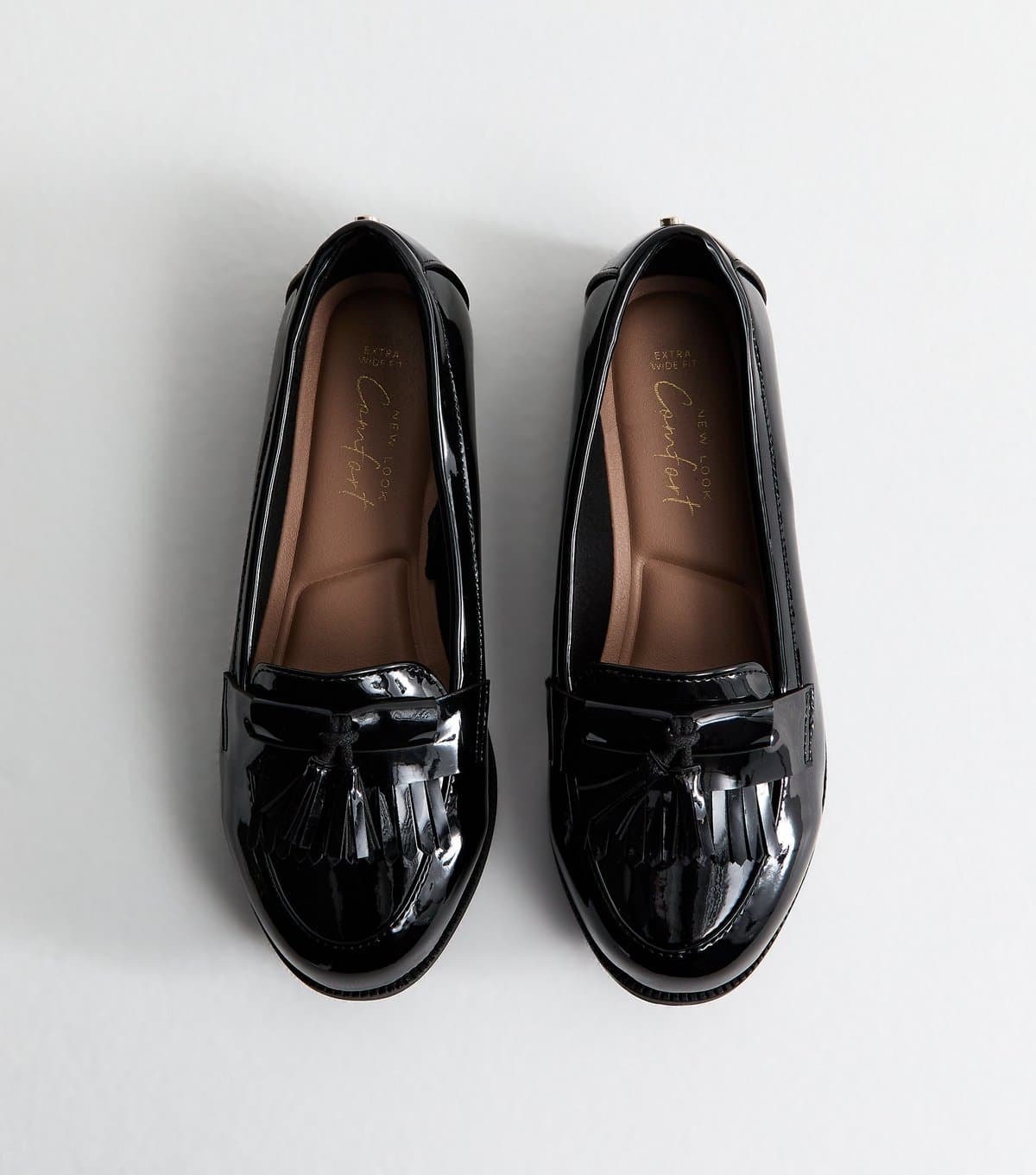 New Look Women's Extra Wide Fit Black Patent Faux Leather Tassel Loafers Vegan New Look