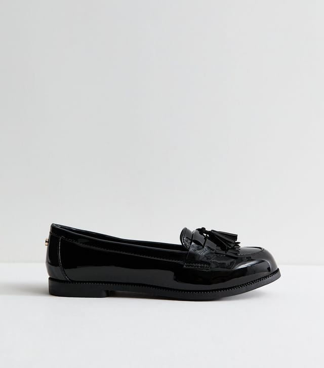 New Look Women's Extra Wide Fit Black Patent Faux Leather Tassel Loafers Vegan New Look - 3