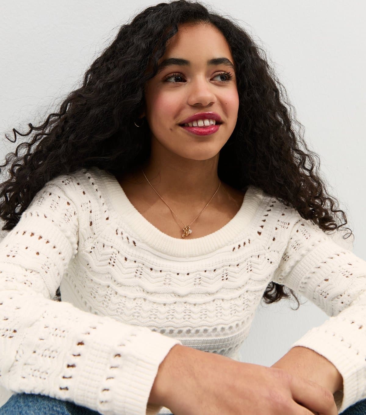 New Look Girls' Cream Crochet Bardot Neck Jumper New Look