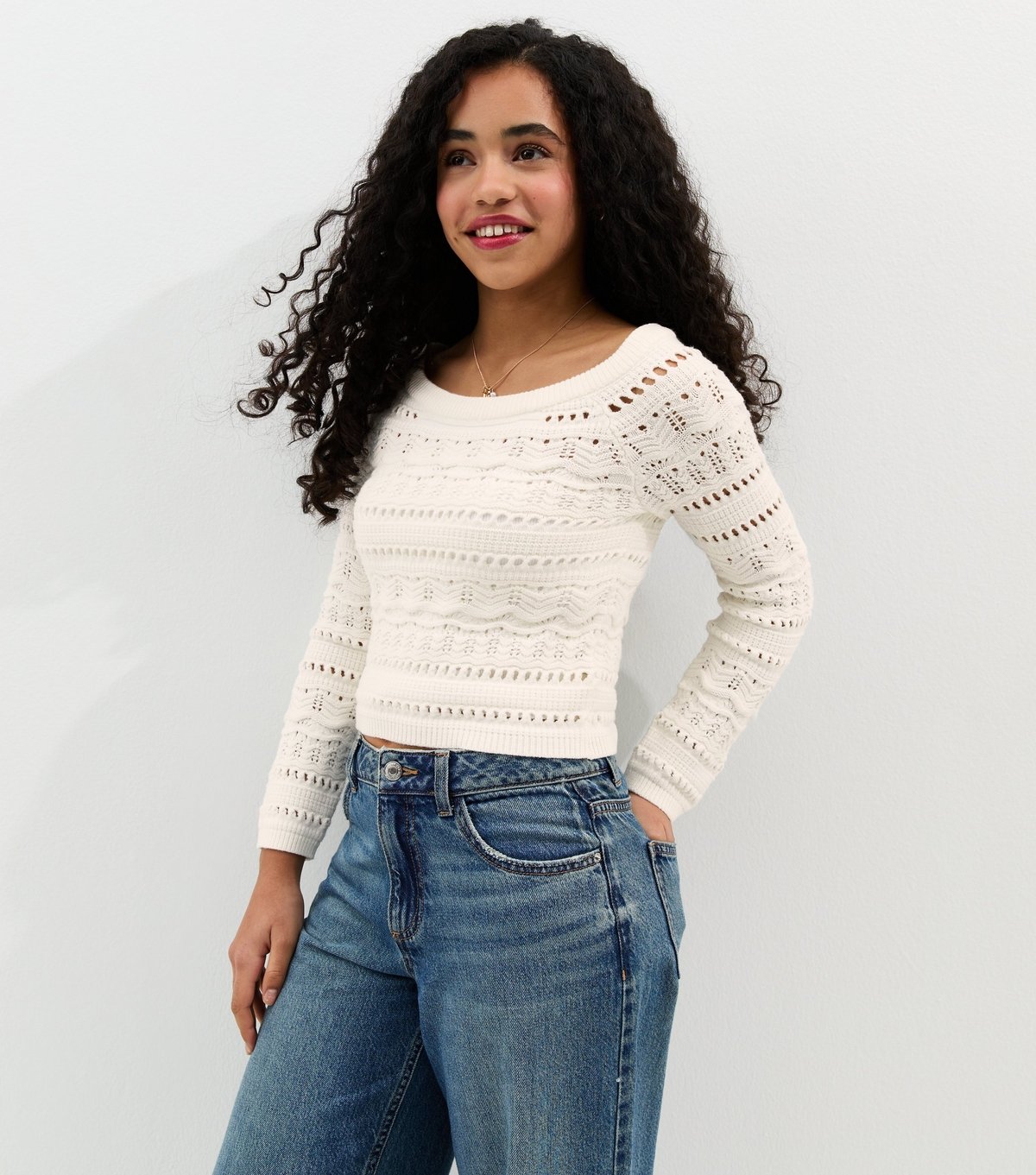 New Look Girls' Cream Crochet Bardot Neck Jumper New Look - 2