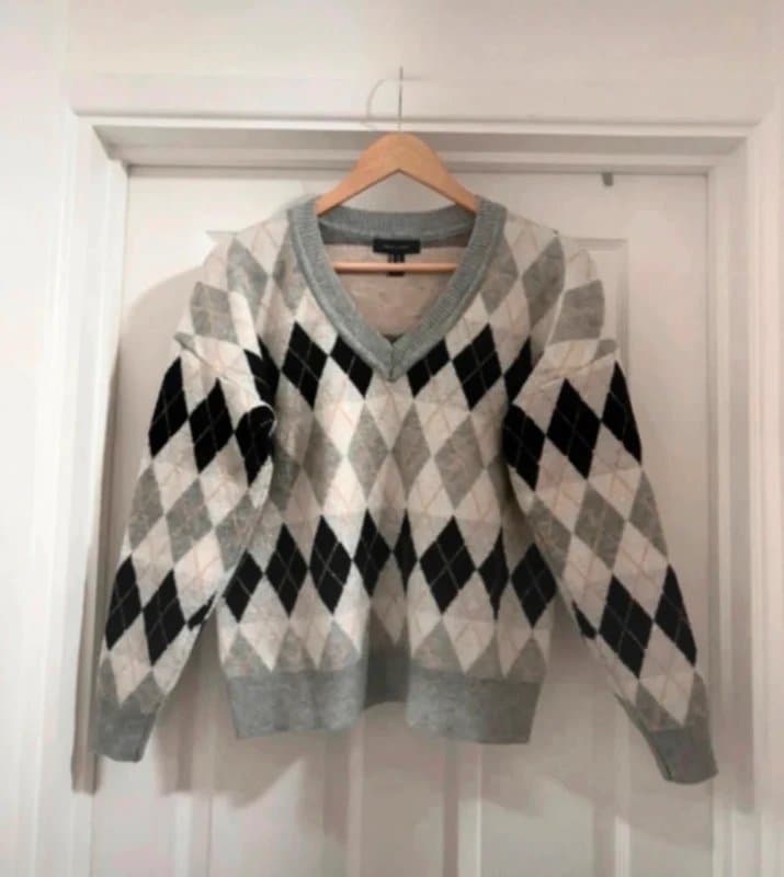 New Look Beautiful Women's New Look Grey Mix V Neck Argyle Knitted Sweater Jumper Top size M 12-14