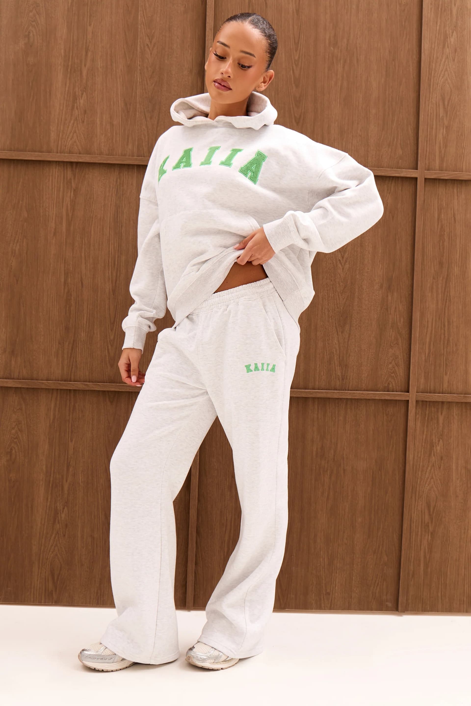 Kaiia Kaiia Slogan Mid Rise Flared Joggers Light Grey Marl & Spring Green