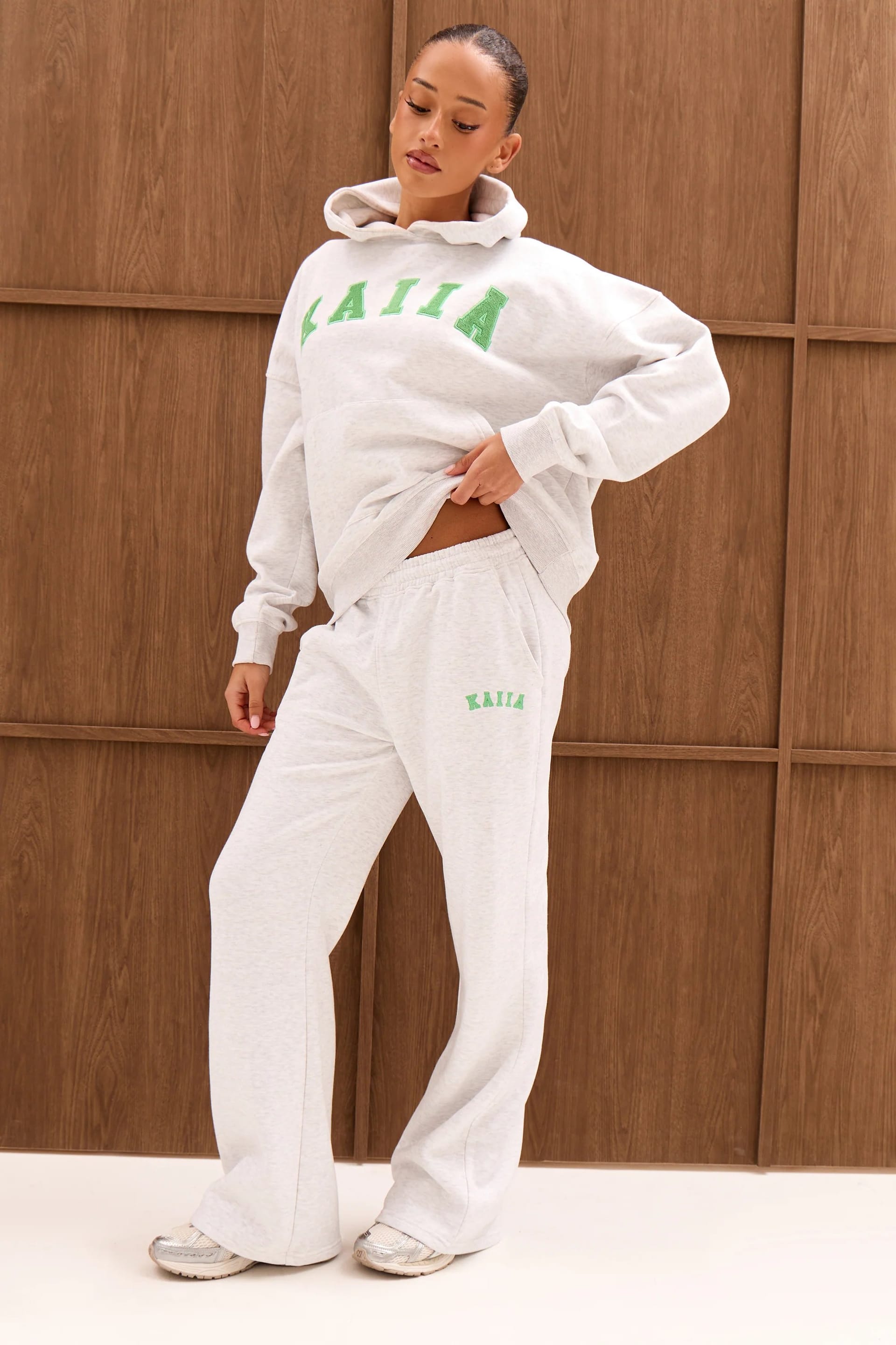 Kaiia Slogan Mid Rise Flared Joggers in Light Grey Marl & Spring