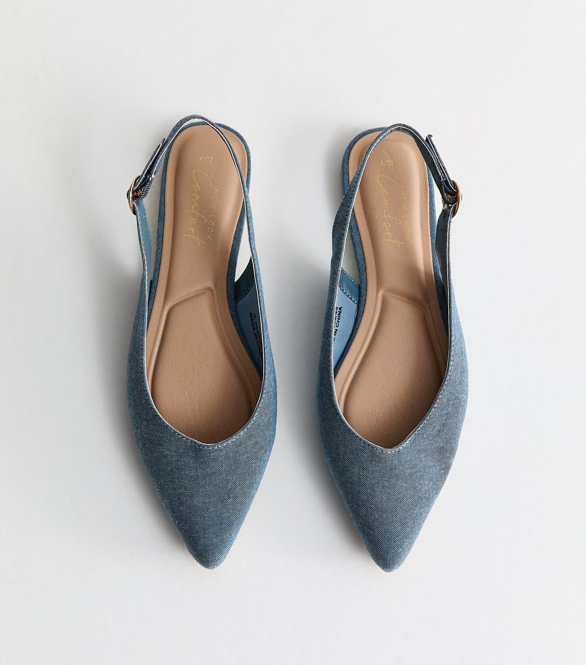 New Look Women's Light Blue Chambray Pointy Slingback Flats Vegan New Look