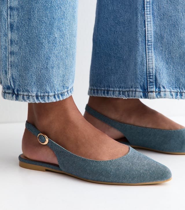 New Look Women's Light Blue Chambray Pointy Slingback Flats Vegan New Look - 2