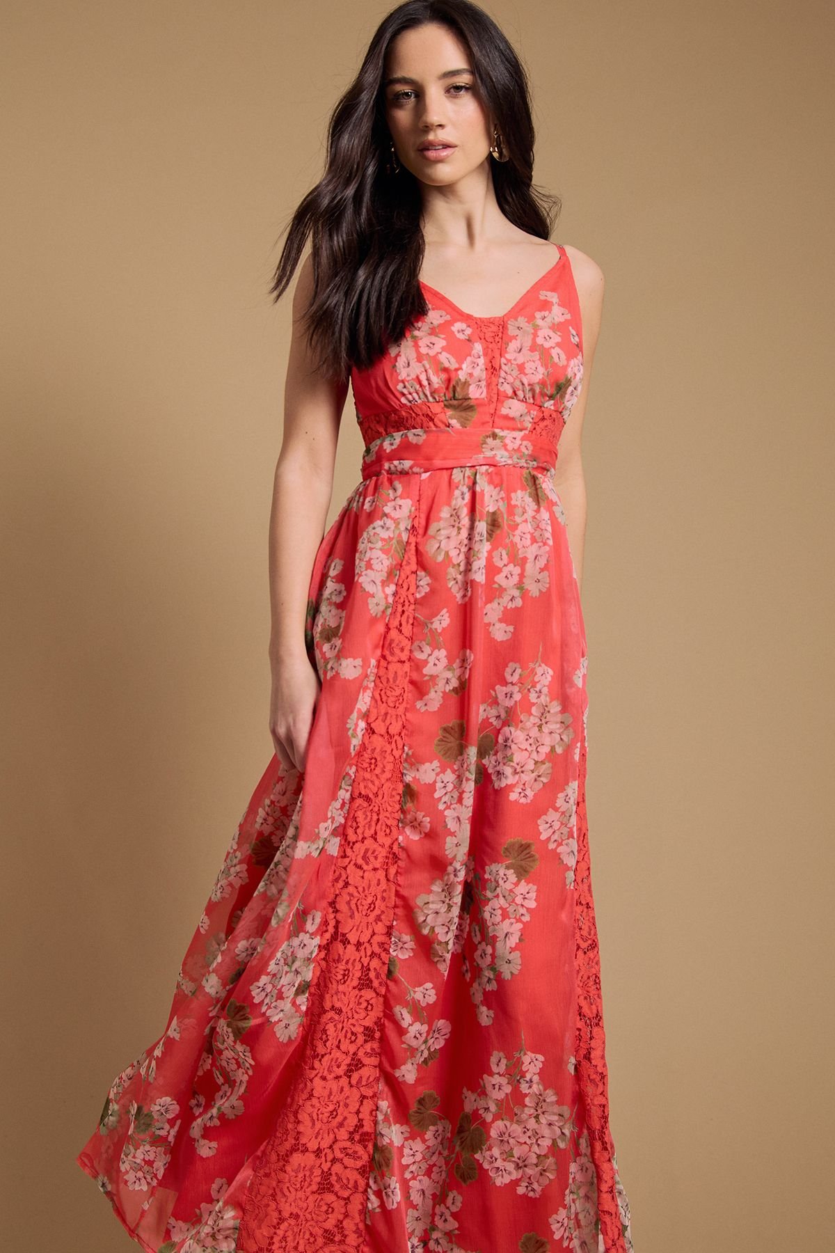 Oasis Oasis Women's Lace Panelled Waist Pleated Maxi Dress in Orange - 4