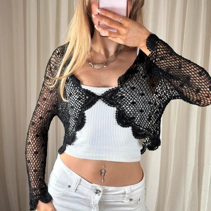 Debut Y2k black sheer crochet knit net button front bolero scallop hem