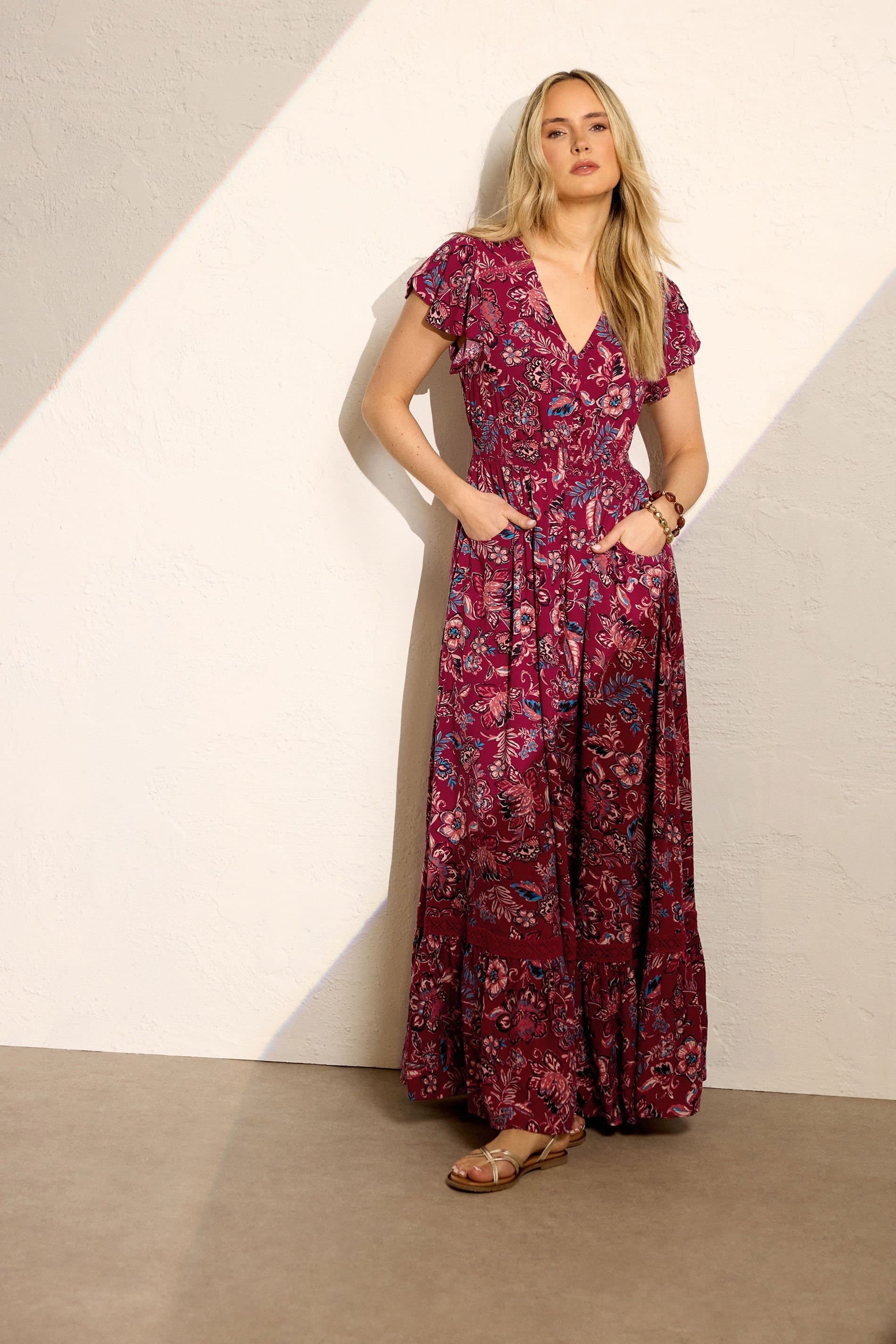 Long Tall Sally Long Tall Sally Women's Tall Floral Button Maxi Dress in Burgundy