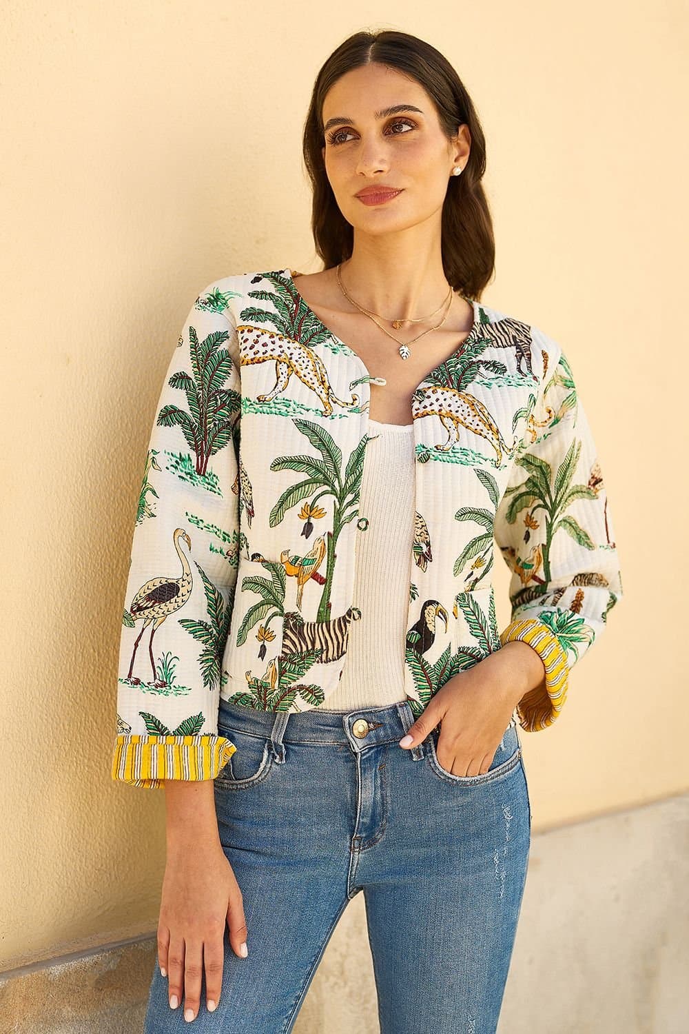 Yumi Yumi Women's White Animal Reversible Cotton Quilted Jacket