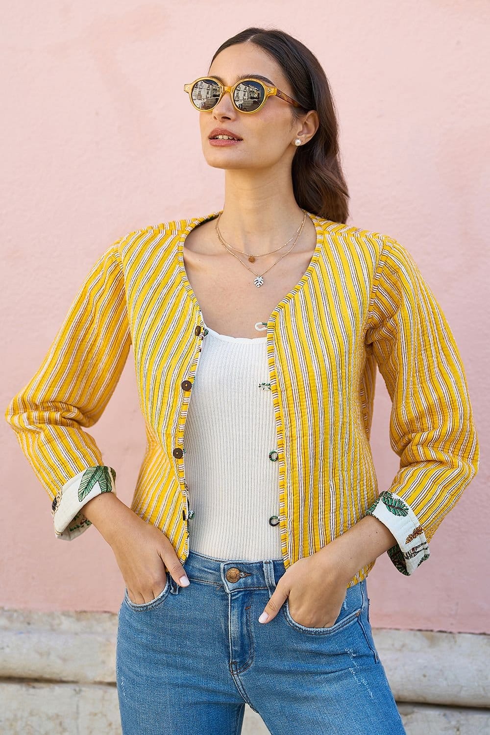 Yumi Yumi Women's White Animal Reversible Cotton Quilted Jacket - 4