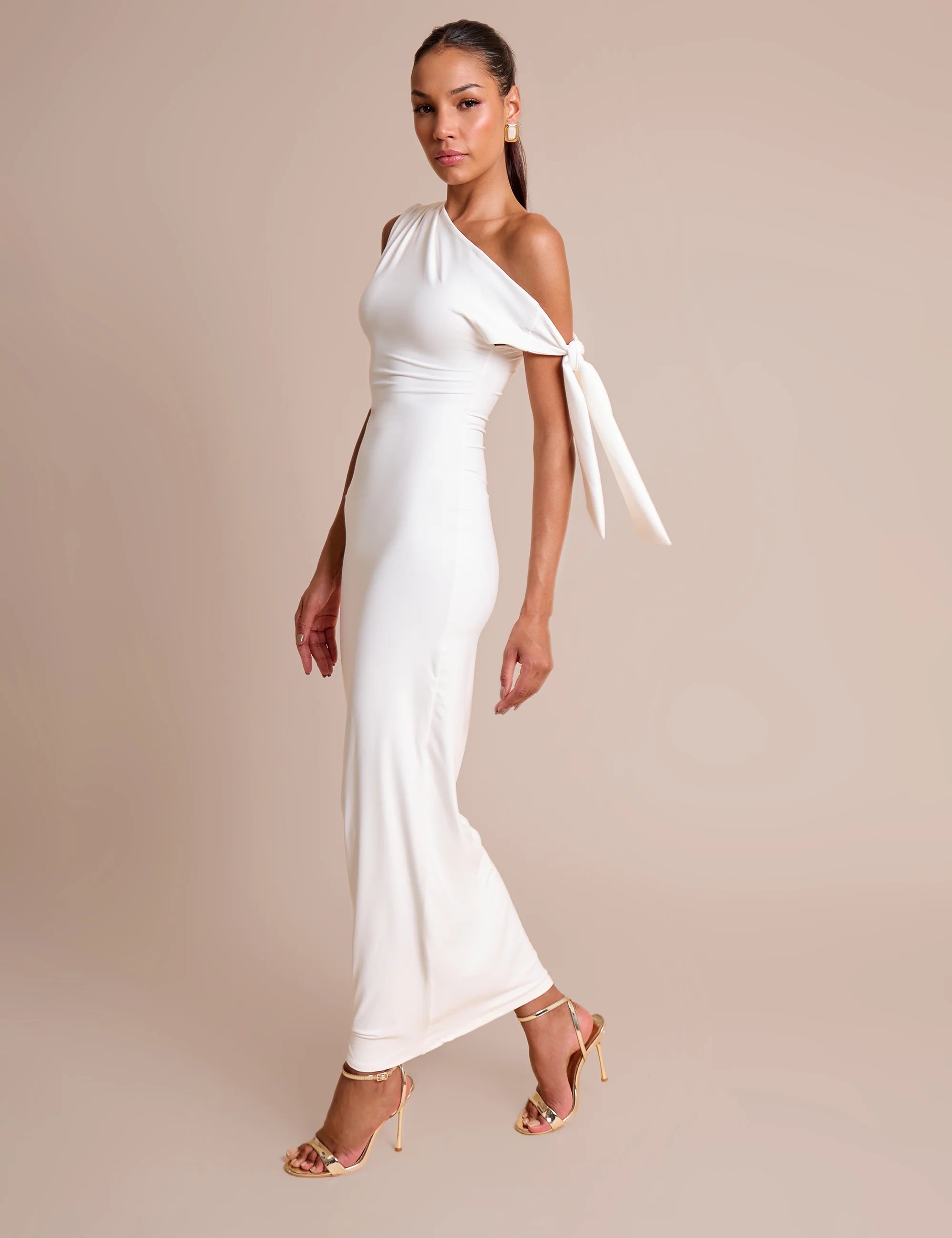 Public Desire Knot Detail Asymmetric One Shoulder Luxe Slinky Maxi Dress White - 3