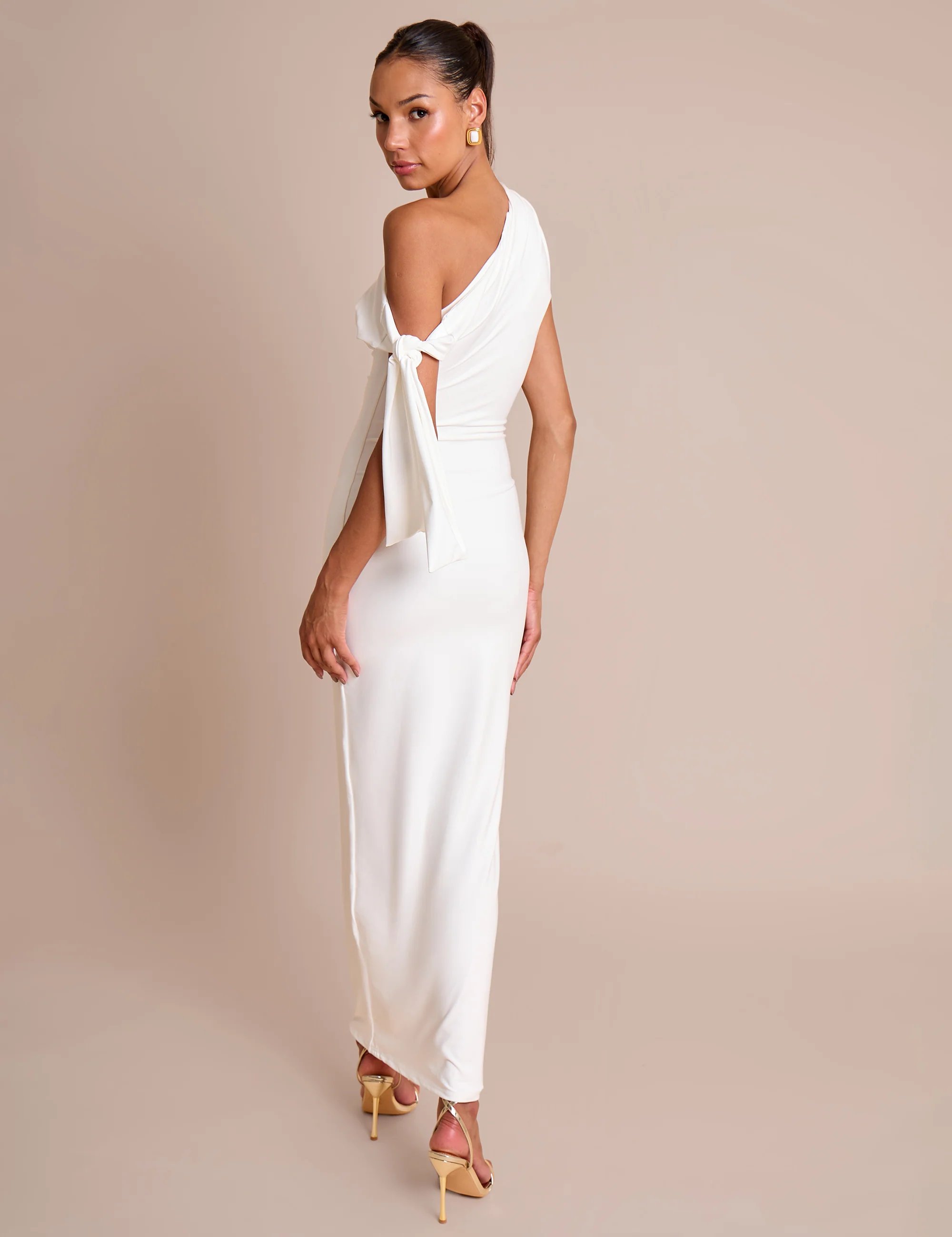 Public Desire Knot Detail Asymmetric One Shoulder Luxe Slinky Maxi Dress White - 4