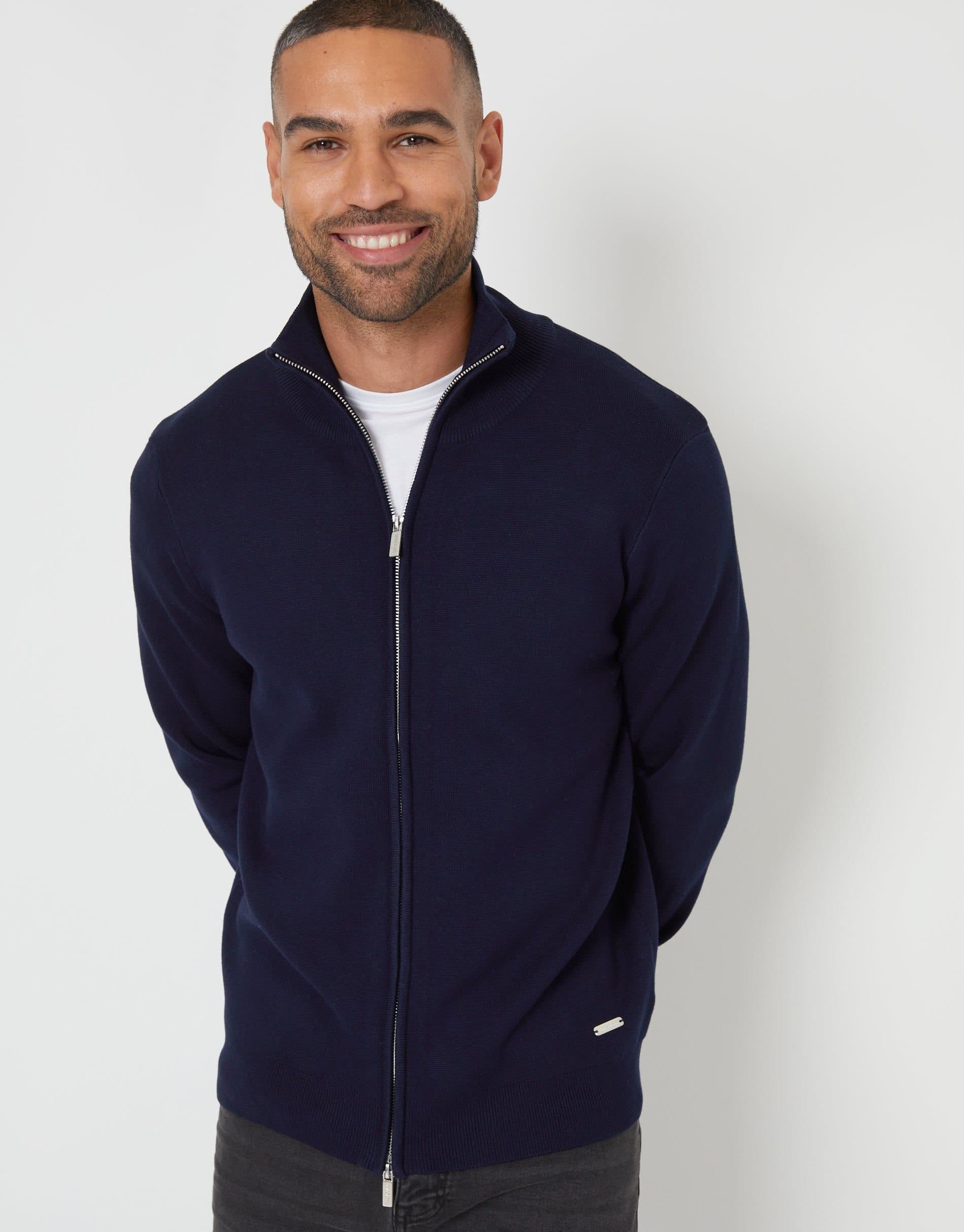 Threadbare threadbare Men's Zip-Through Funnel Neck Knitted Cardigan in Black in Blue