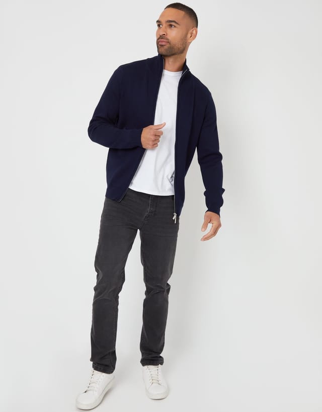 Threadbare threadbare Men's Zip-Through Funnel Neck Knitted Cardigan in Black in Blue - 3