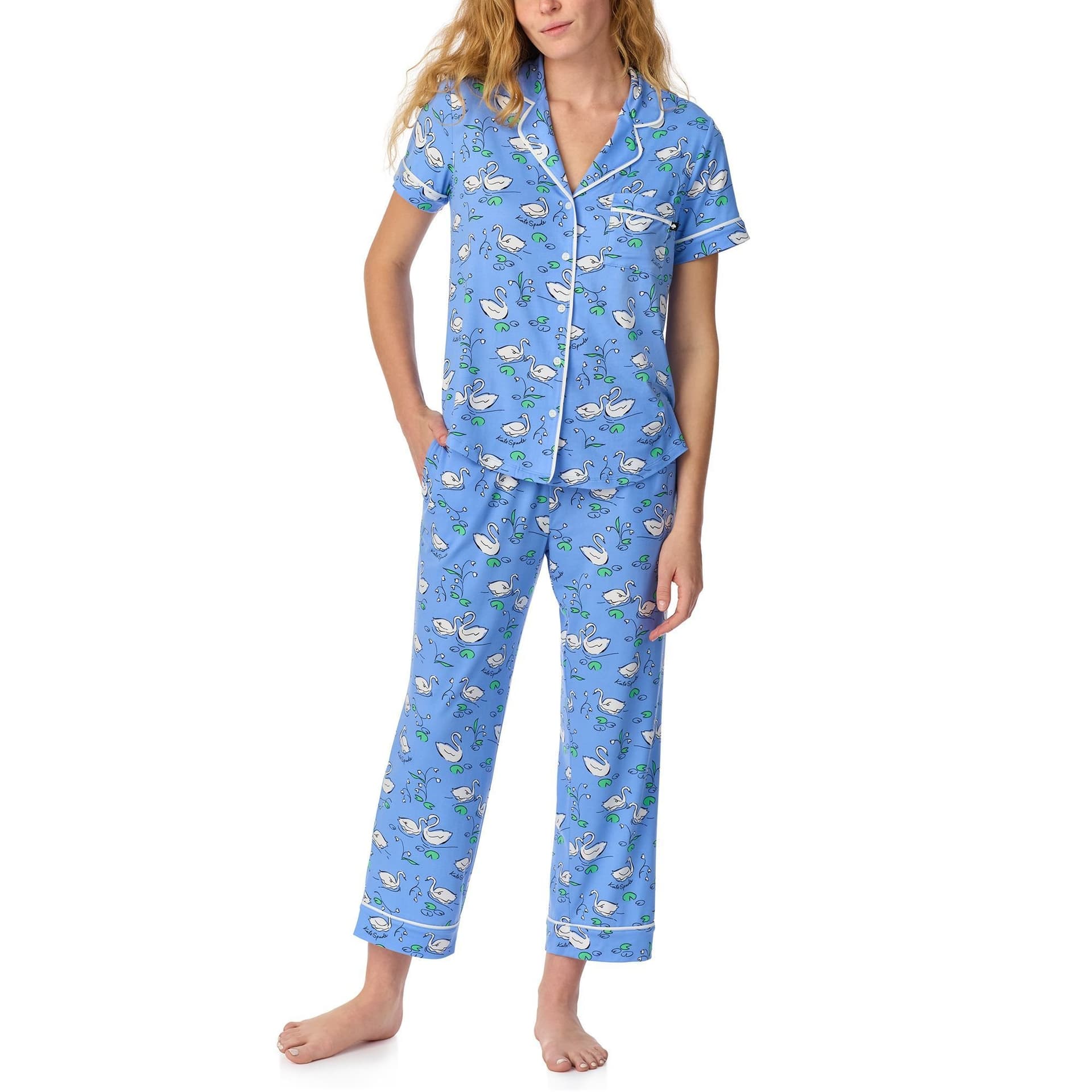 kate spade new york Kate Spade New York Women's Short Sleeve Cropped PJ Set in Brushed Jersey with Swan Pattern in Blue