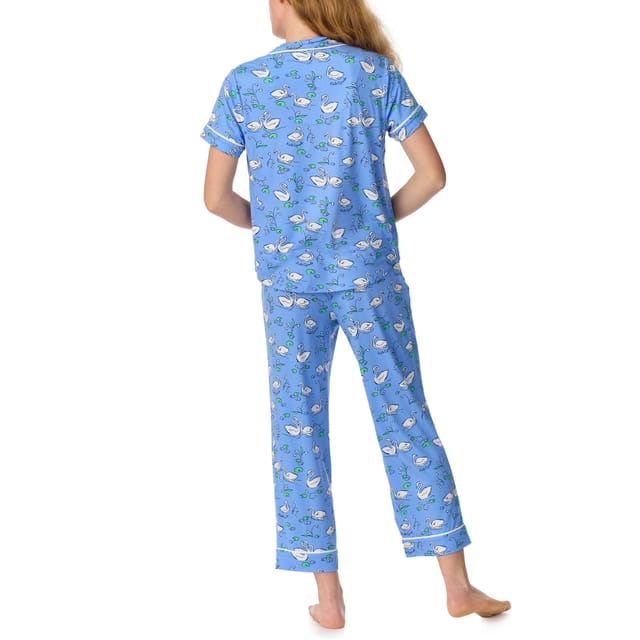 kate spade new york Kate Spade New York Women's Short Sleeve Cropped PJ Set in Brushed Jersey with Swan Pattern in Blue - 2