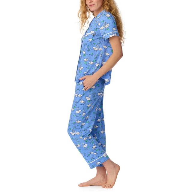 kate spade new york Kate Spade New York Women's Short Sleeve Cropped PJ Set in Brushed Jersey with Swan Pattern in Blue - 3