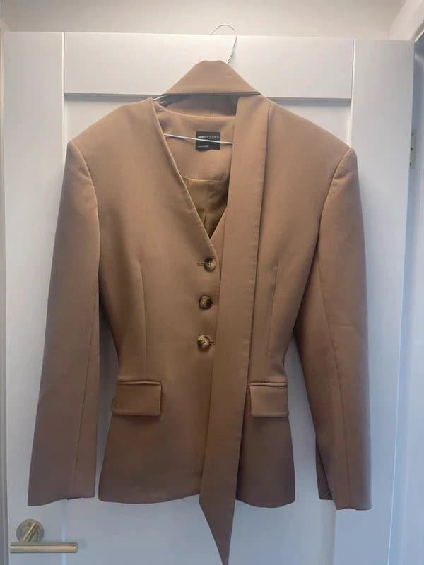 ASOS Design Cinch Shoulder pad Blazer with scarf in Mocha