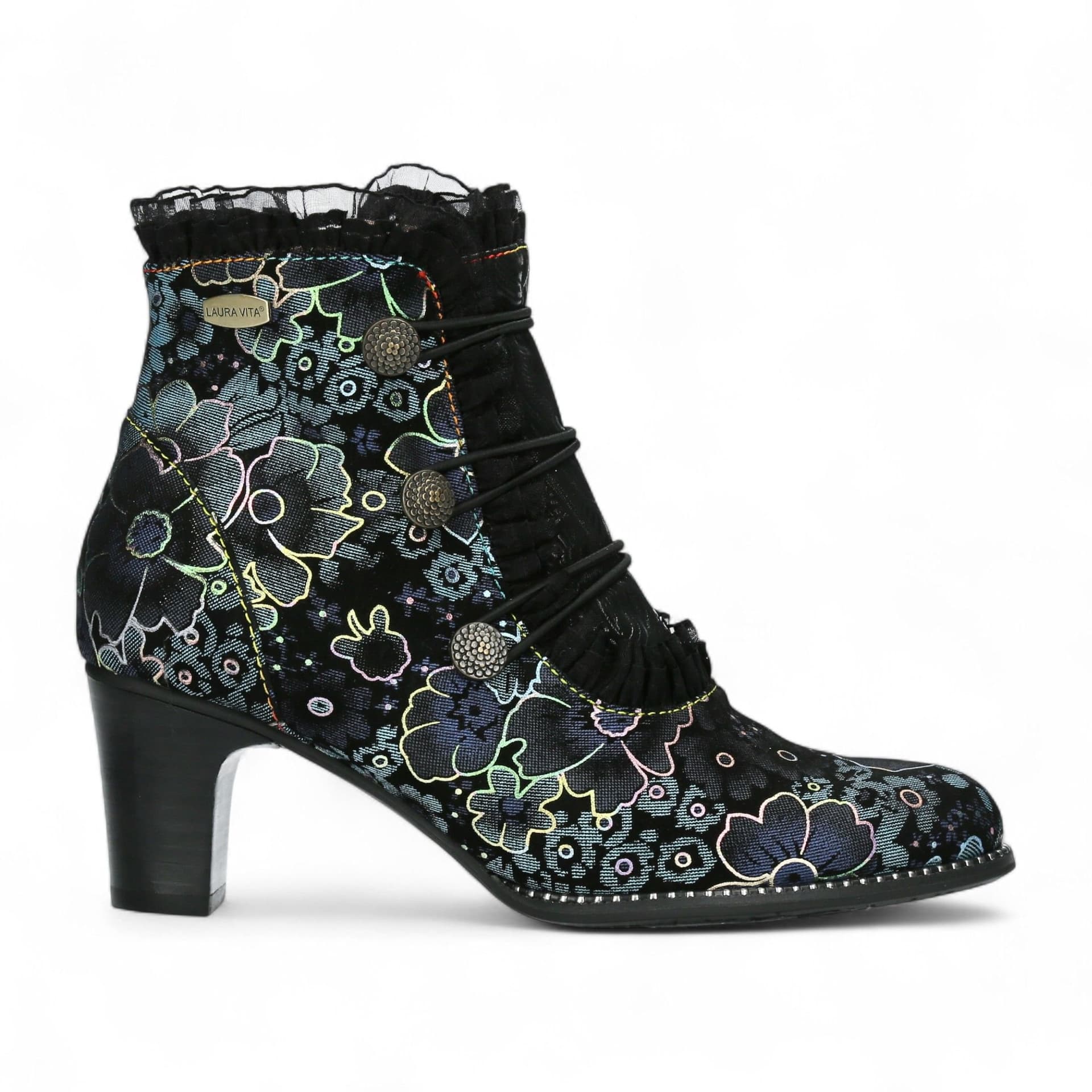 laura vita Laura Vita Women's Elcodieo 224 Floral Gothic Victorian Leather Ankle Heeled Boots in Blue