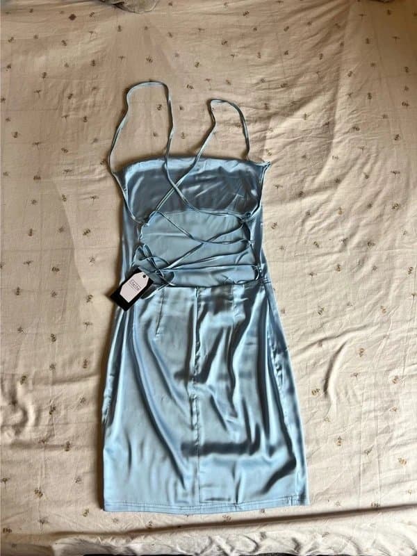 ASOS Size 12 Brand new light blue satin / silk mini tie up dress