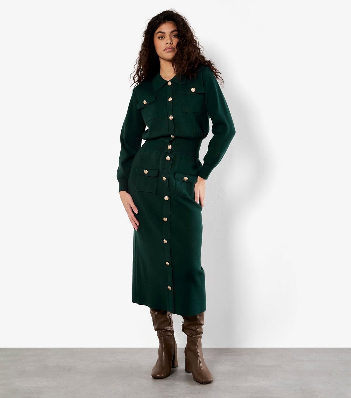 Apricot Women's Dark Green Buttoned Knit Midi Skirt Apricot New Look