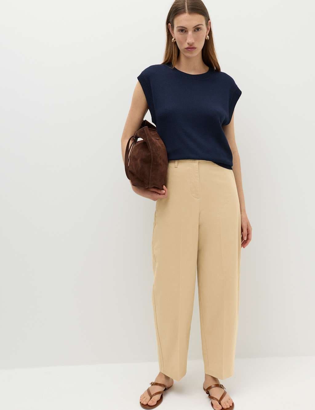 Marks & Spencer M&S Beige Cotton-Rich Crease Front Barrel Leg Chinos