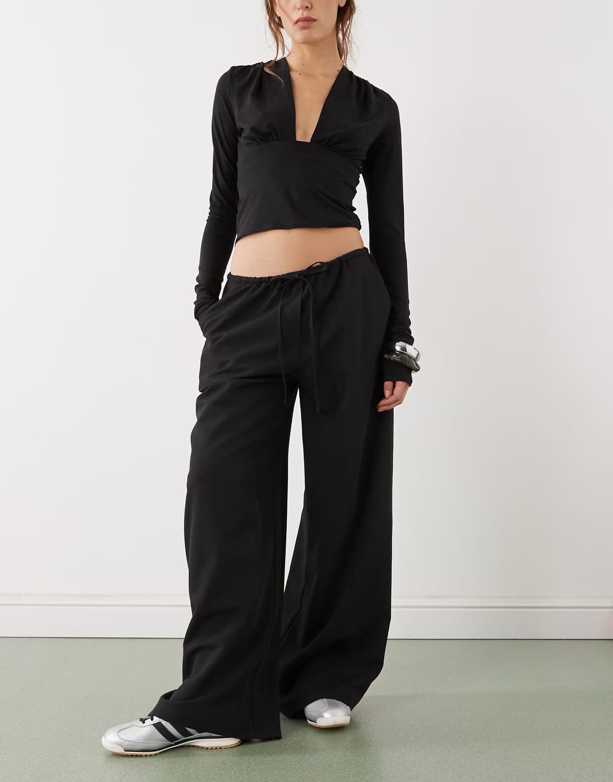 ASOS Reclaimed Vintage drawstring satin pull on wide leg trouser in black - 1