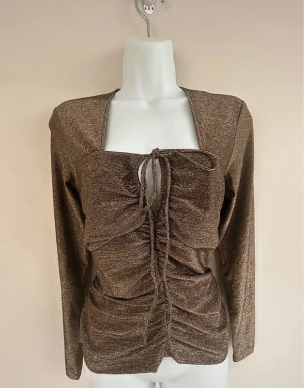 ME+EM Gold Metallic Ruched Long Sleeve Top - UK 16