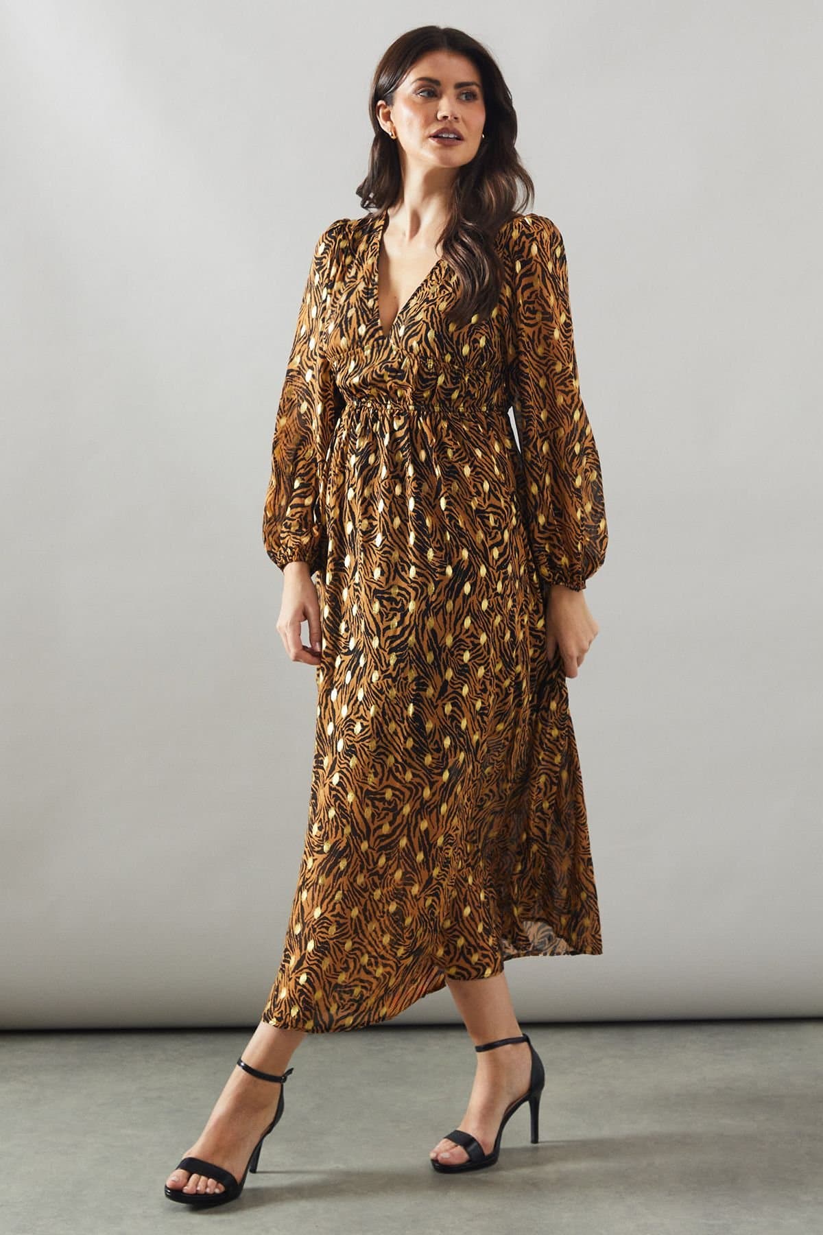 Wallis Wallis Women's Animal Print Blouson Sleeve Metallic Midi Dress