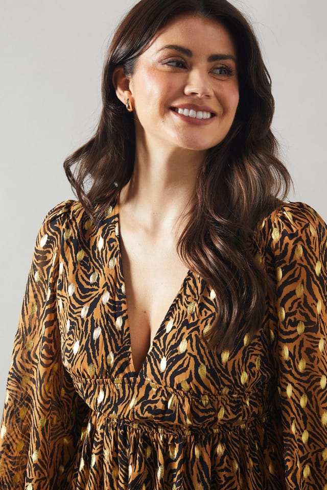 Wallis Wallis Women's Animal Print Blouson Sleeve Metallic Midi Dress - 2