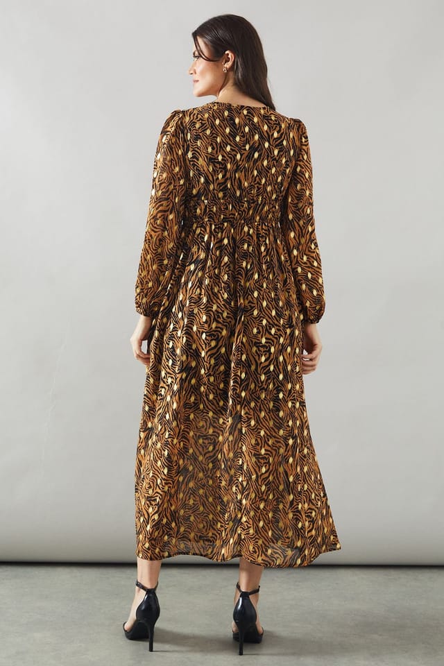 Wallis Wallis Women's Animal Print Blouson Sleeve Metallic Midi Dress - 3