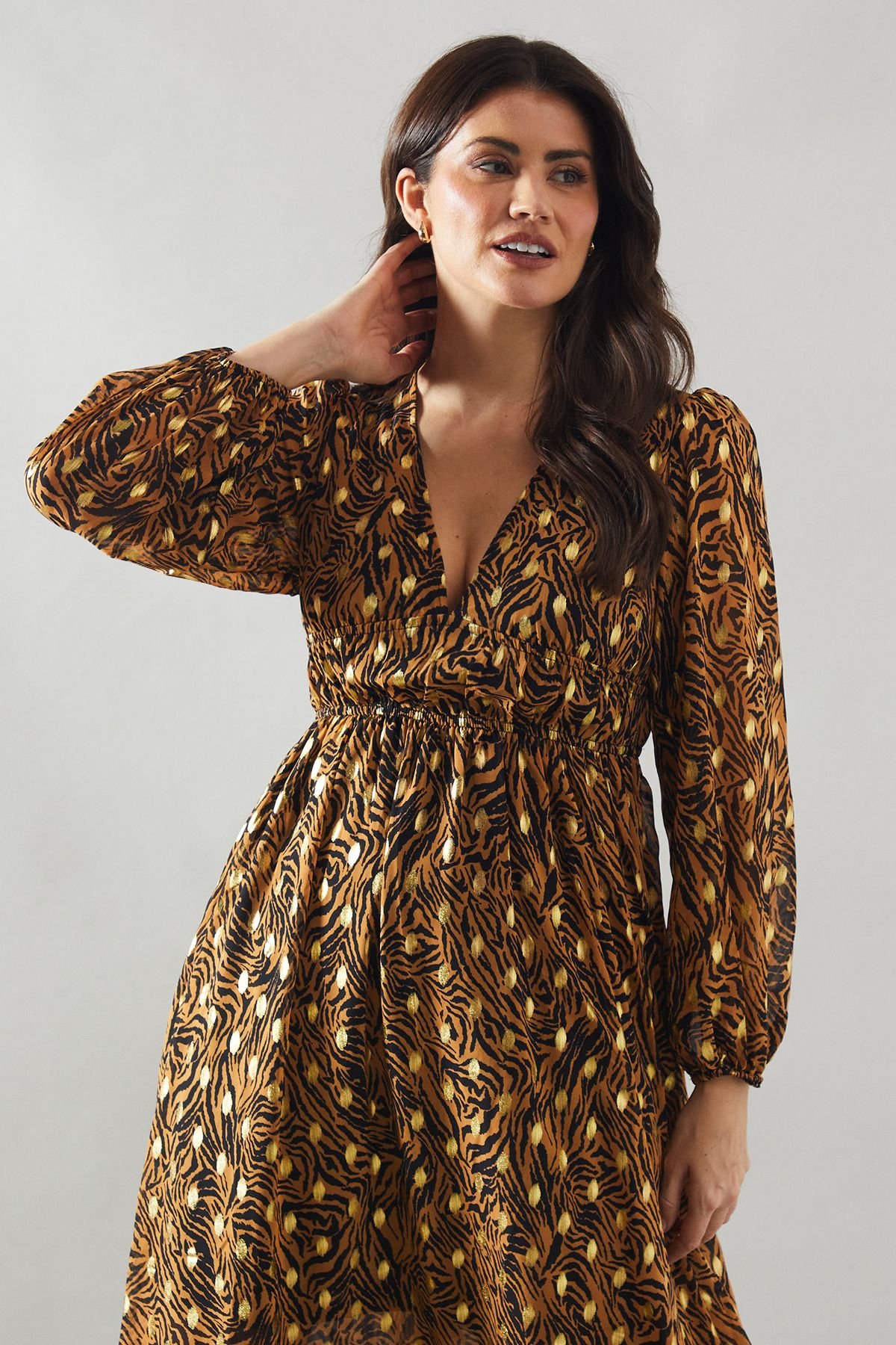 Wallis Wallis Women's Animal Print Blouson Sleeve Metallic Midi Dress - 4