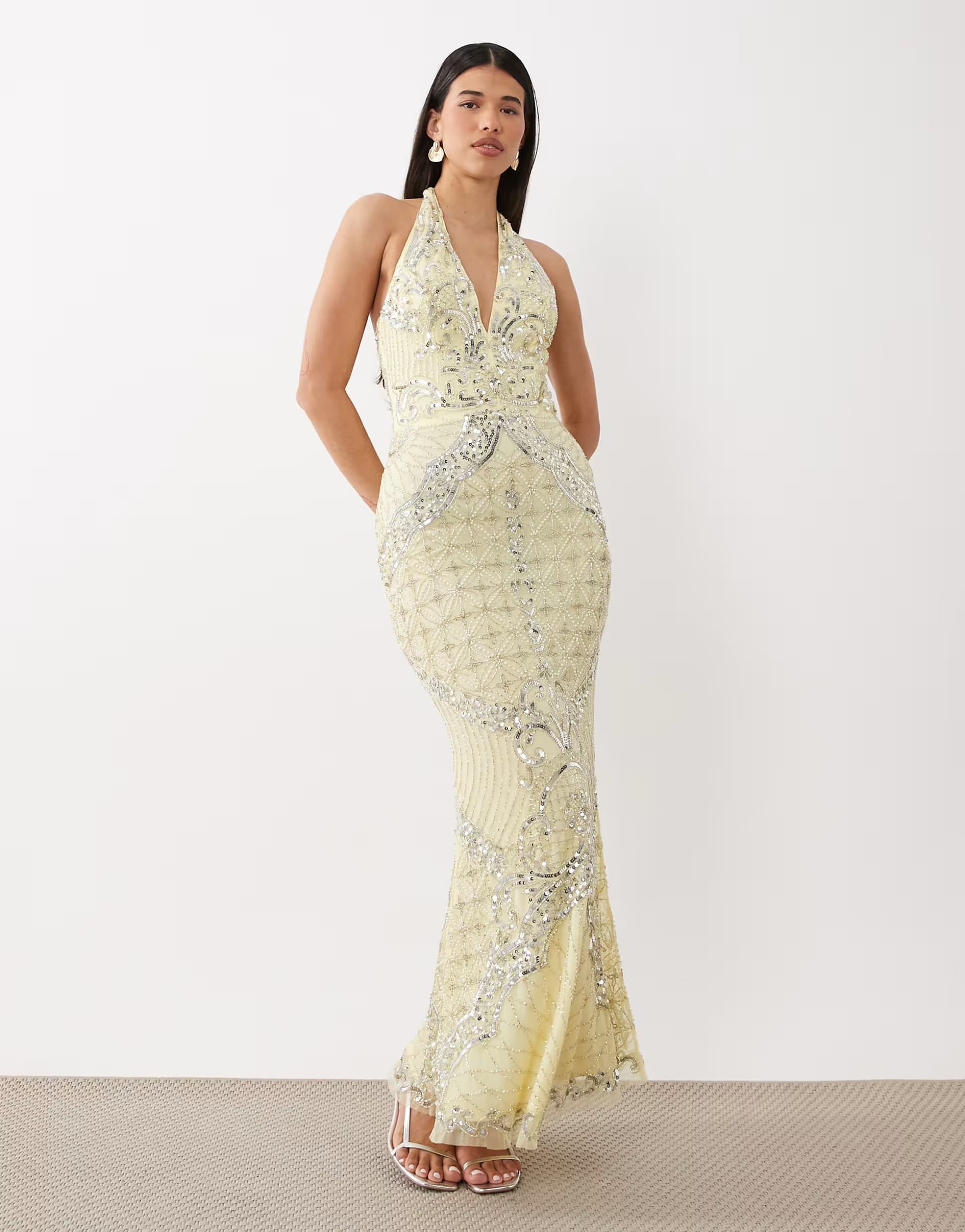 ASOS Beauut fully embellished beaded plunge halter neck maxi dress in lemon