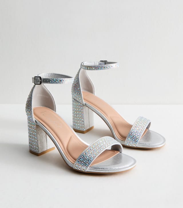 New Look Women's Wide Fit Silver Gem Embellished Block Heel Sandals Vegan New Look - 2