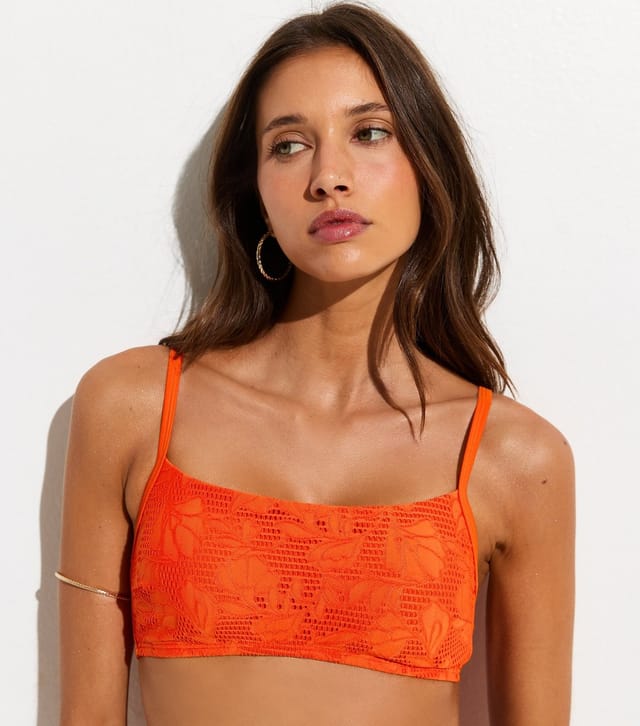 New Look Women's Orange Floral Crochet Cropped Bikini Top New Look - 3