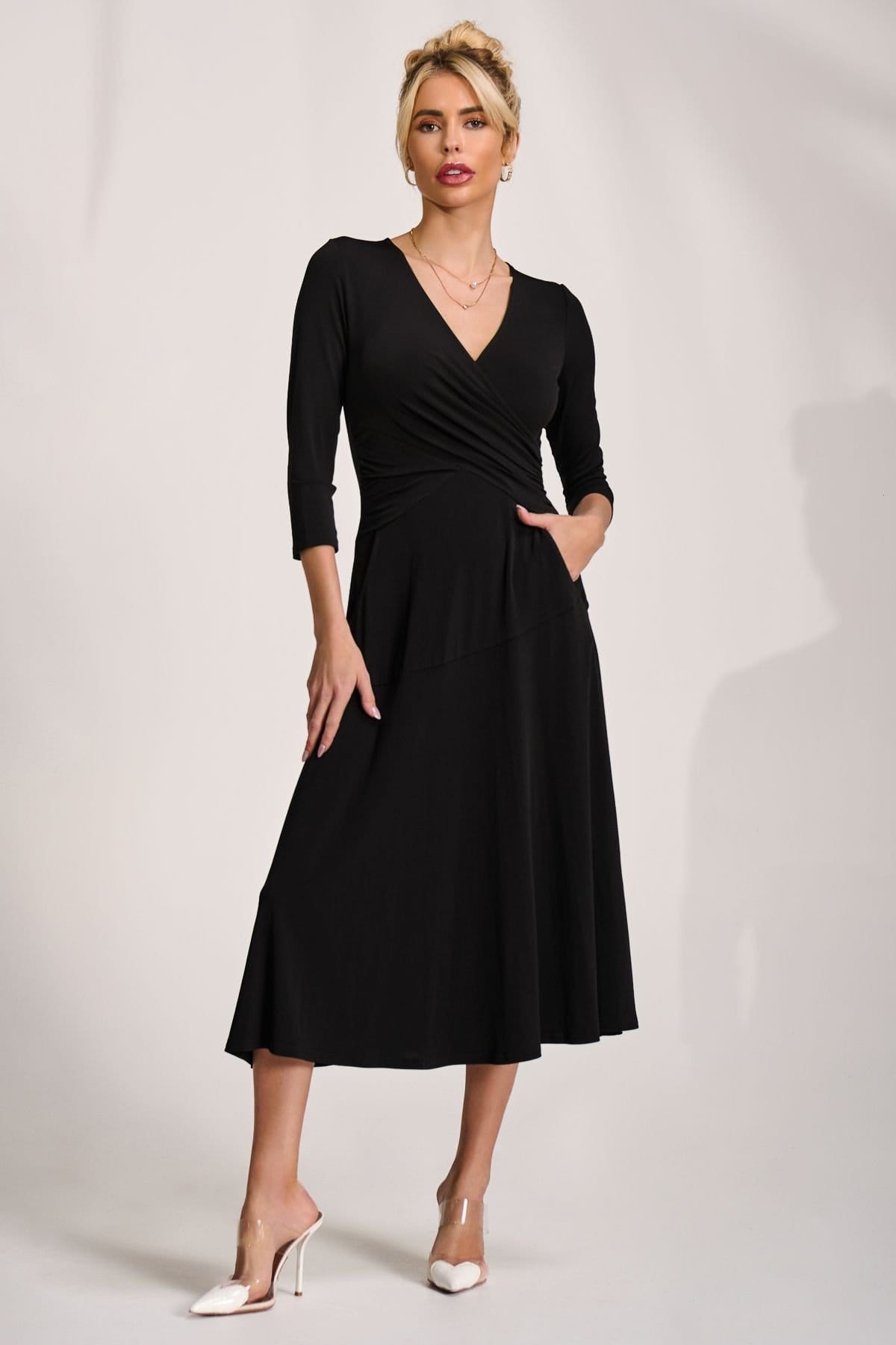 Jolie Moi Black Jersey Midi Dress with V-Neckline